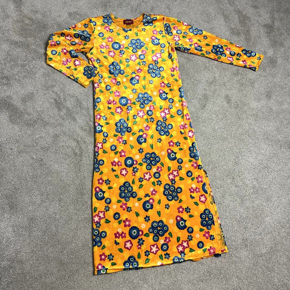 Vintage 90s Y2K Kenzo Floral Crushed Velvet Maxi Dress Yellow Japan Made Sz M - Picture 6 of 12